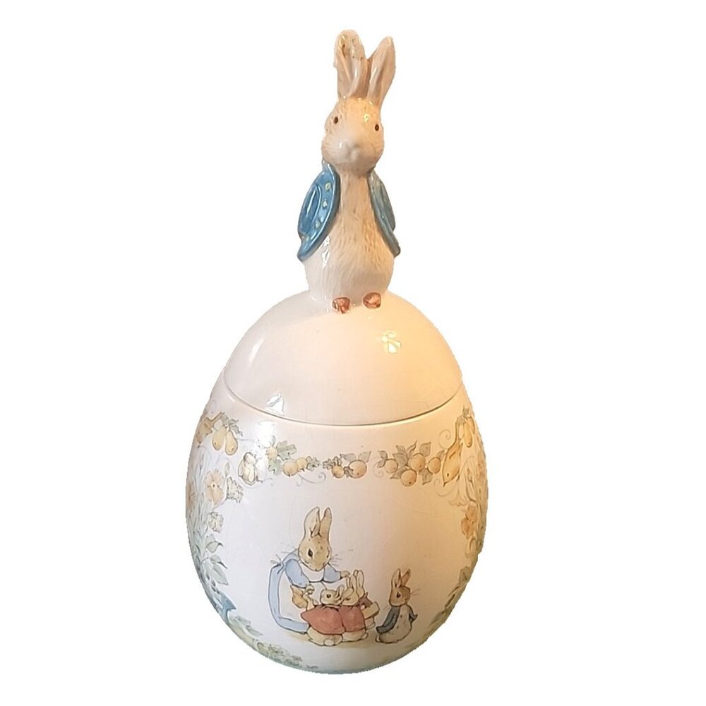 1996 Beatrix Potter Teleflora Rabbit Ceramic Egg Cookie  Jar Candy Dish 10" Tall
